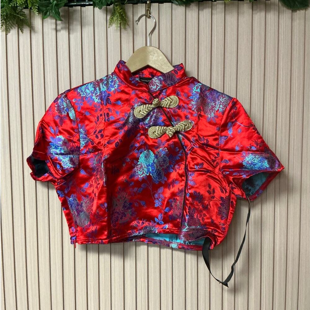 PrettyLittleThing Red Floral Cheongsam Crop Top Size US 8